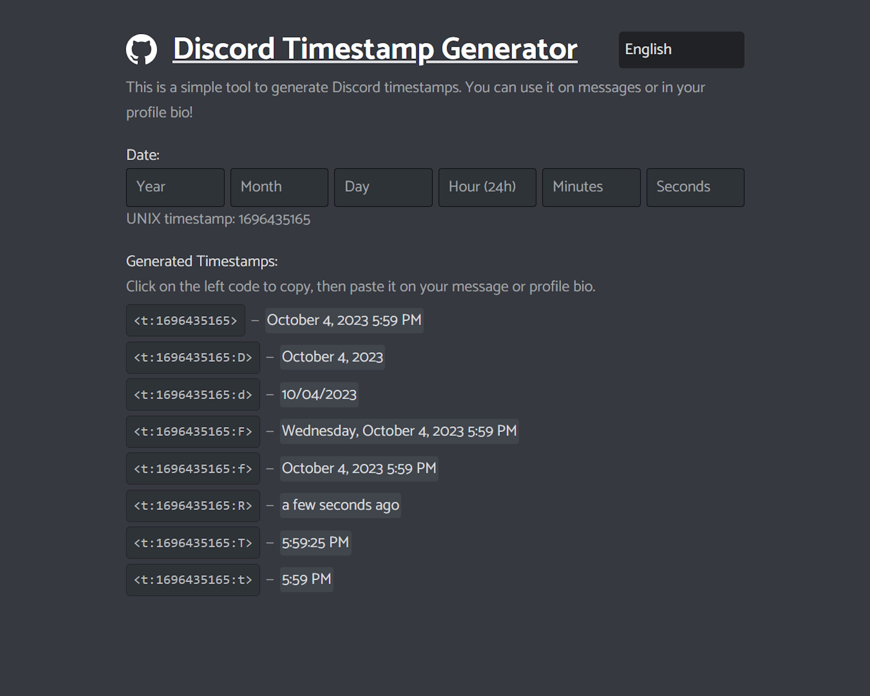 Discord Timestamp Generator
